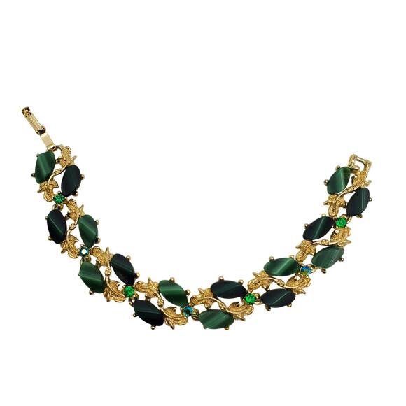 Green Thermoset Link Bracelet Rhinestone AB Gold Tone 7 1/2" L Vintage 1960s 70s - Picture 2 of 9